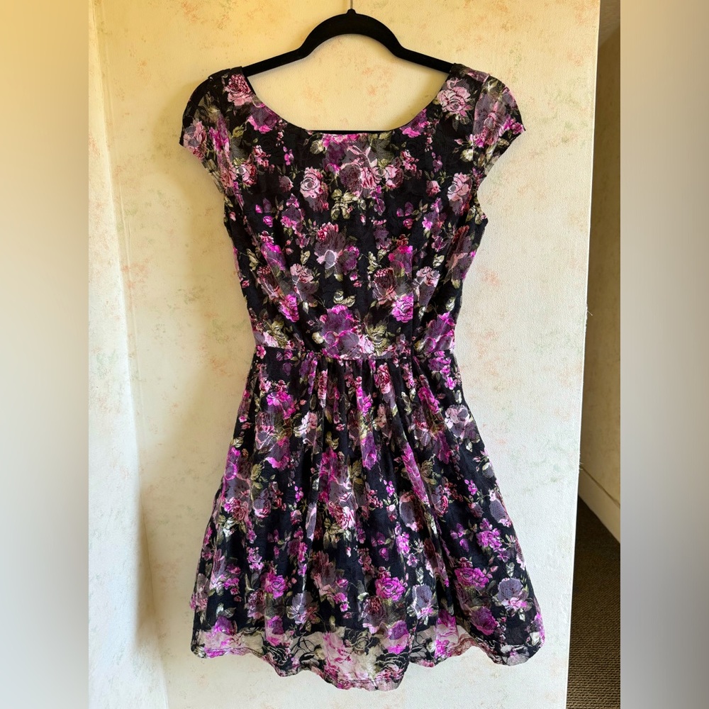 Purple floral scoopneck dress with built-in petticoat